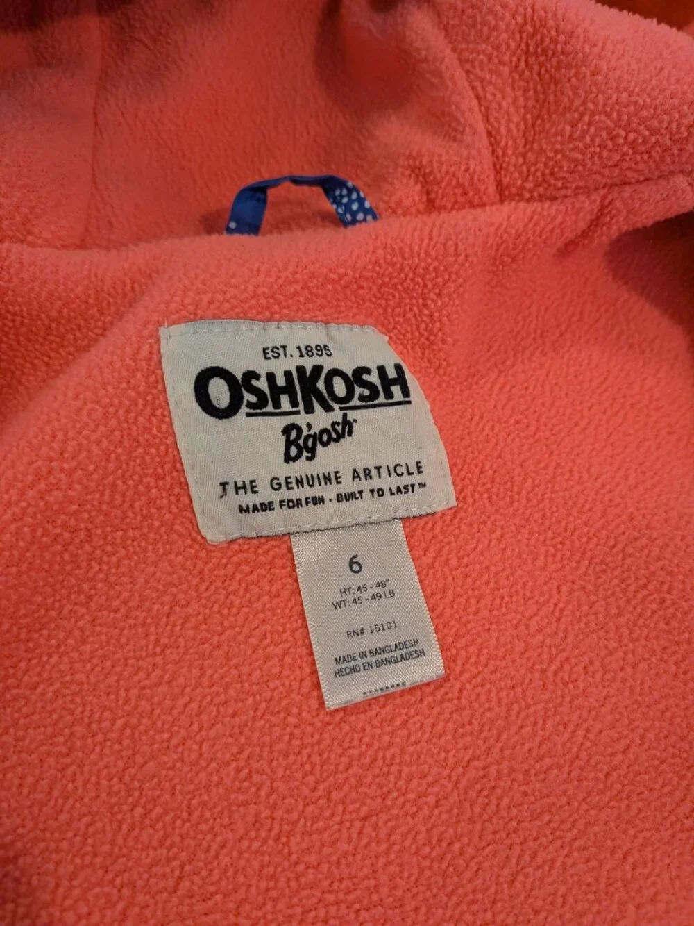 ⭐ OshKosh Bgosh blue / pink / white fleece-lined jacket size 6